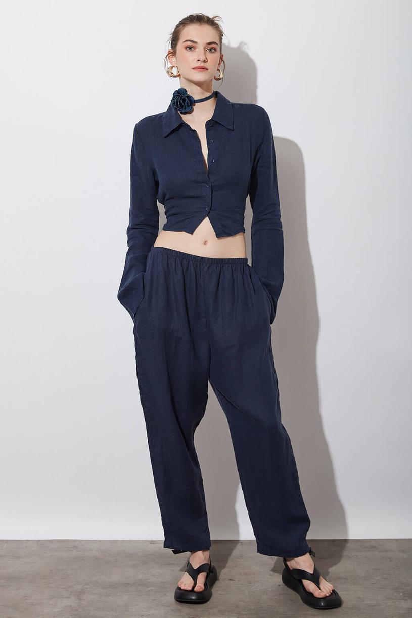 Lacivert %100 Keten Baggy Pantolon