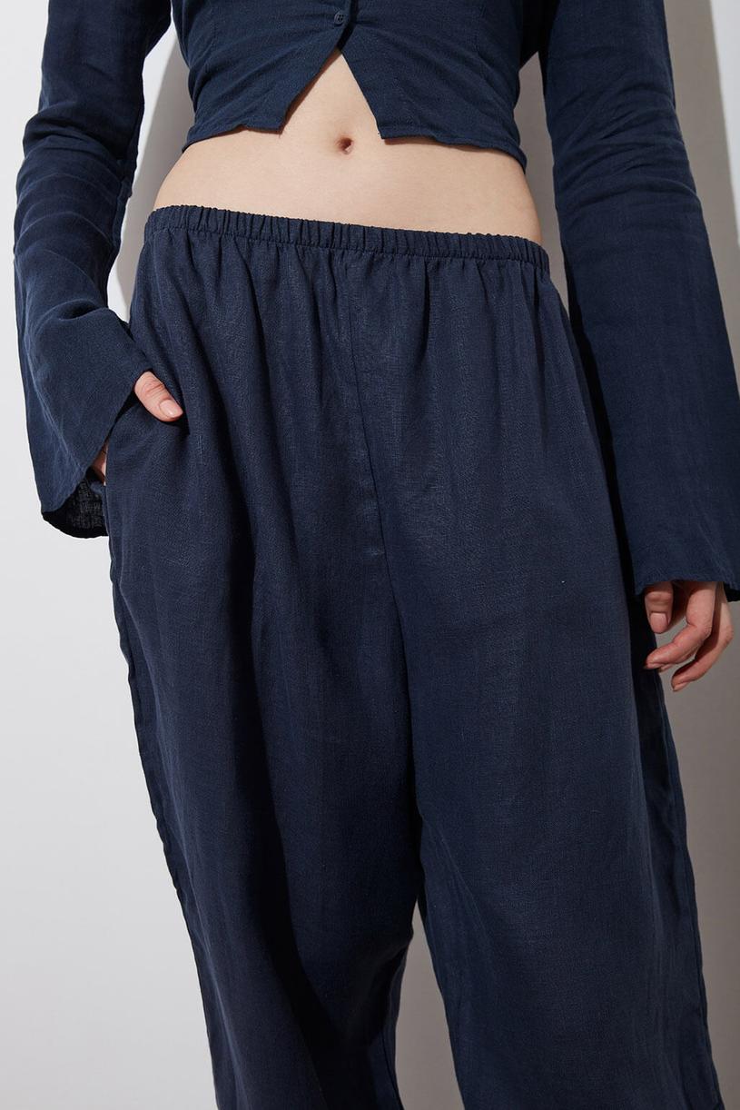 Lacivert %100 Keten Baggy Pantolon